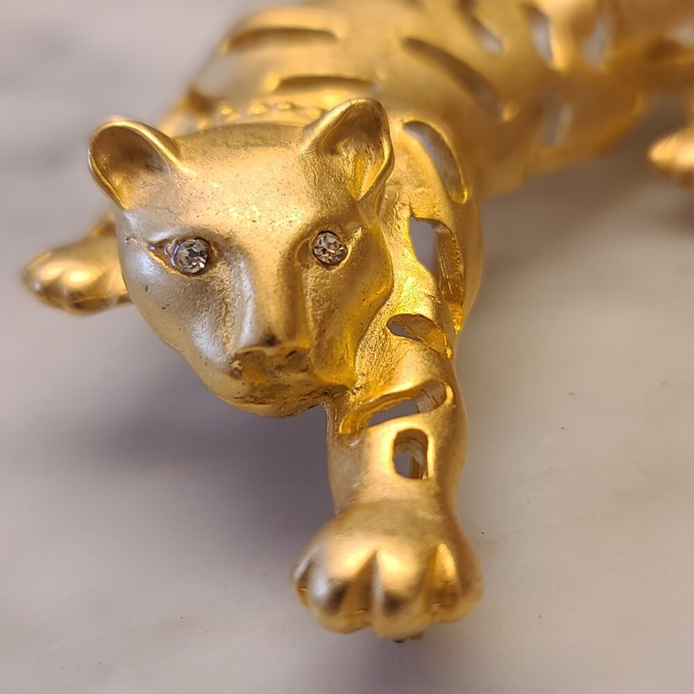 Vintage Gold toned Tiger brooch 3.5"X1.5" rhinestone eyes, 3D open body Animal,